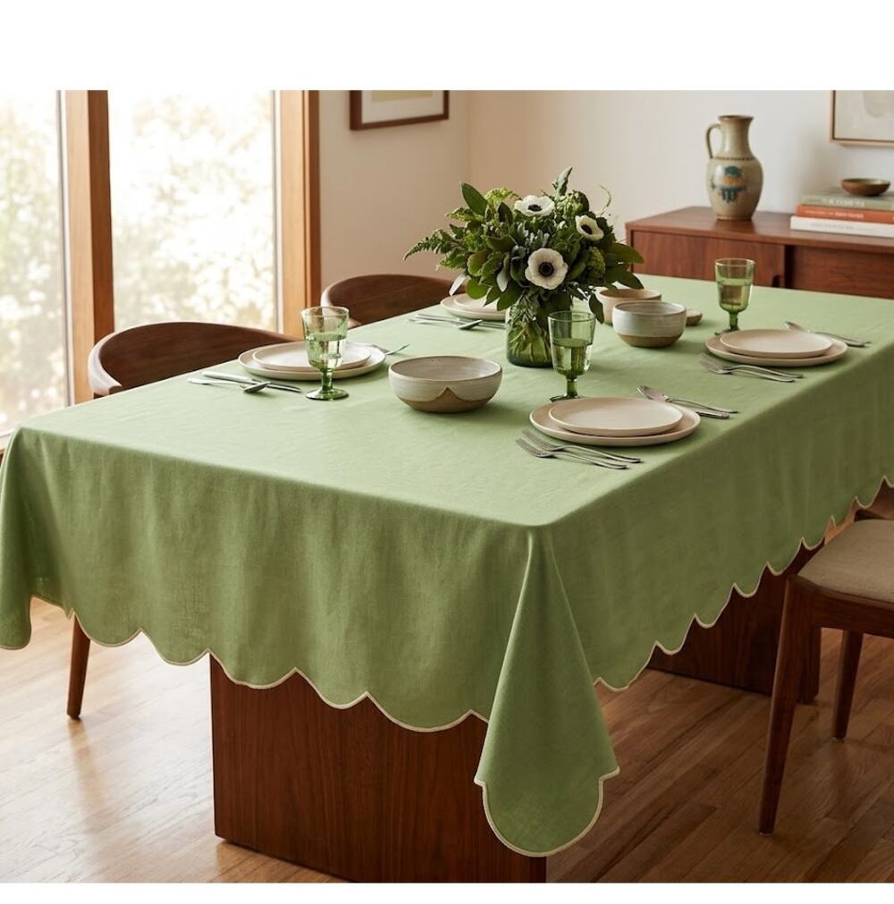 Vintage 1970s Avocado Green Rectangular Tablecloth with Scalloped Edge